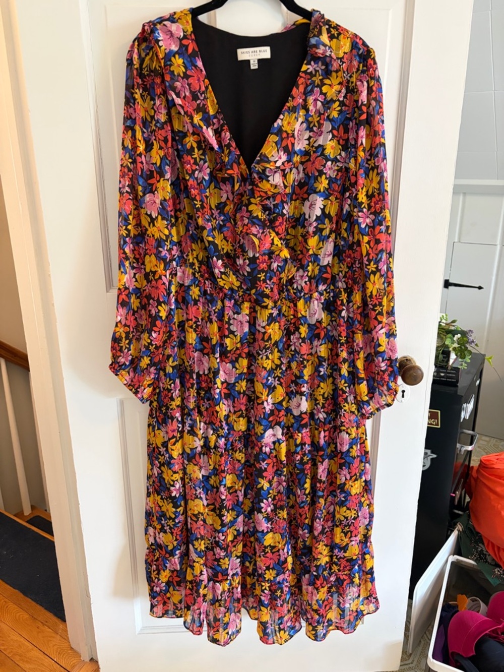 Long Sleeve Pink and Yellow Floral Knee Length Dress with Lining